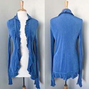 Boston Proper Blue Lettuce Trim Open Front Cardigan Size S Y2K Slinky